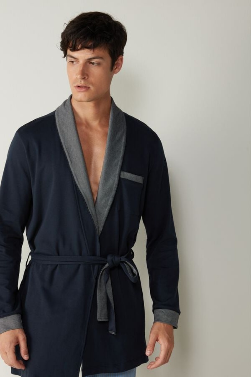 Intimissimi Interlock Pamut Smoking Jacket Pizsama Férfi Kék | HUUT3173