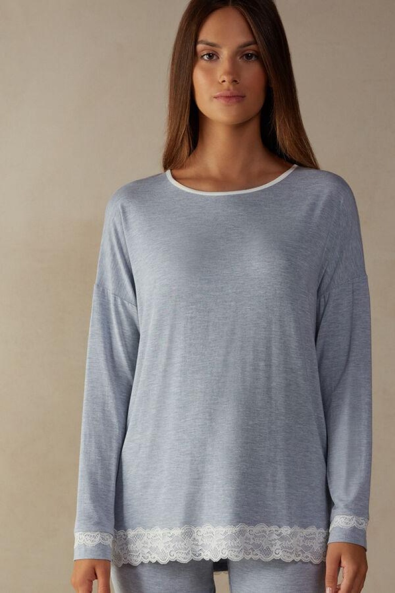 Intimissimi Long-Sleeve Round-Neck Modal Top Pizsama Női Világos Kék | HUMA3888