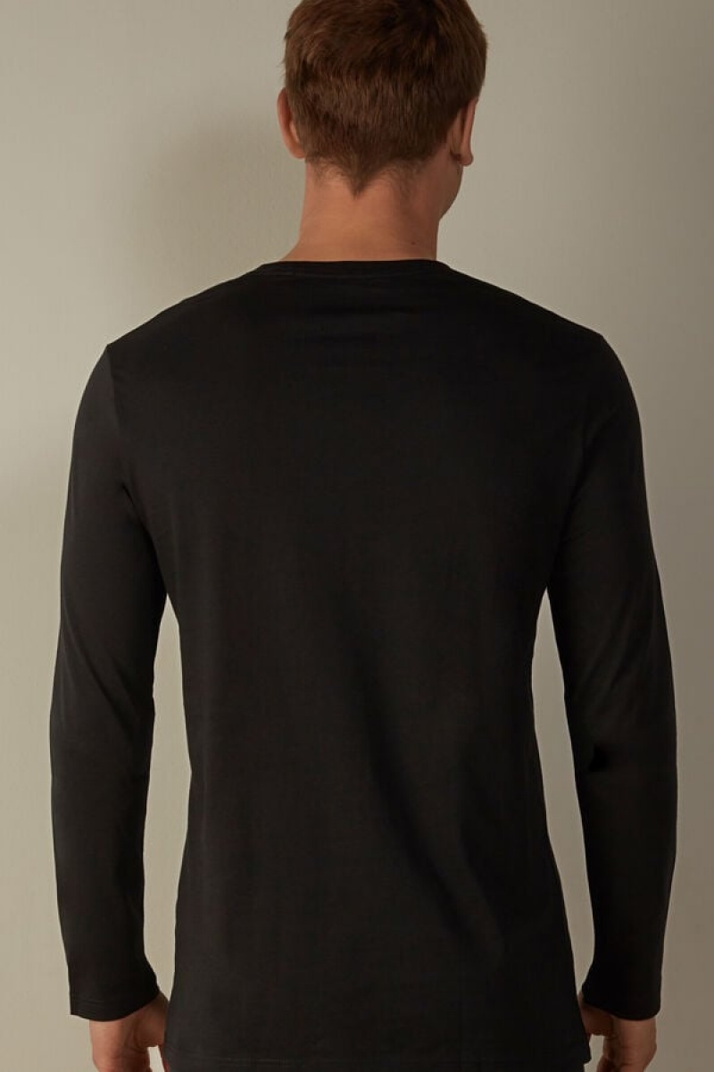 Intimissimi Long-Sleeve Supima® Pamut Top Pizsama Férfi Fekete | HUNB3155