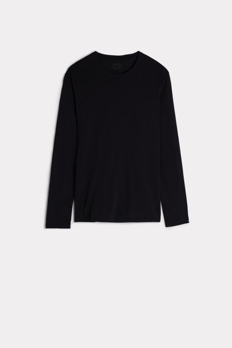 Intimissimi Long-Sleeve Supima® Pamut Top Pizsama Férfi Fekete | HUNB3155