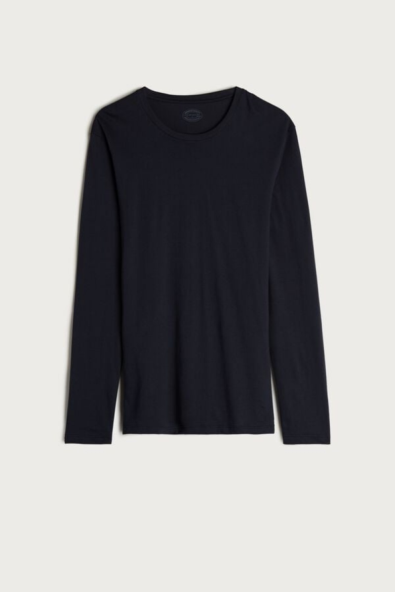 Intimissimi Long-Sleeve Supima® Pamut Top Pizsama Férfi Kék | HUMA3154