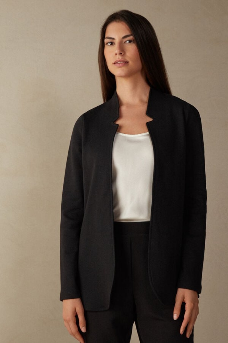 Intimissimi Long-Sleeved Pamut Interlock Cardigan Kabát Női Fekete | HUNB4278