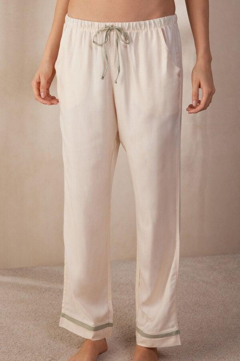 Intimissimi Lost in Fields Full Length Pants in Plain-weave Modal Pizsama Női Világos Sárga Fehér | HUMA4017