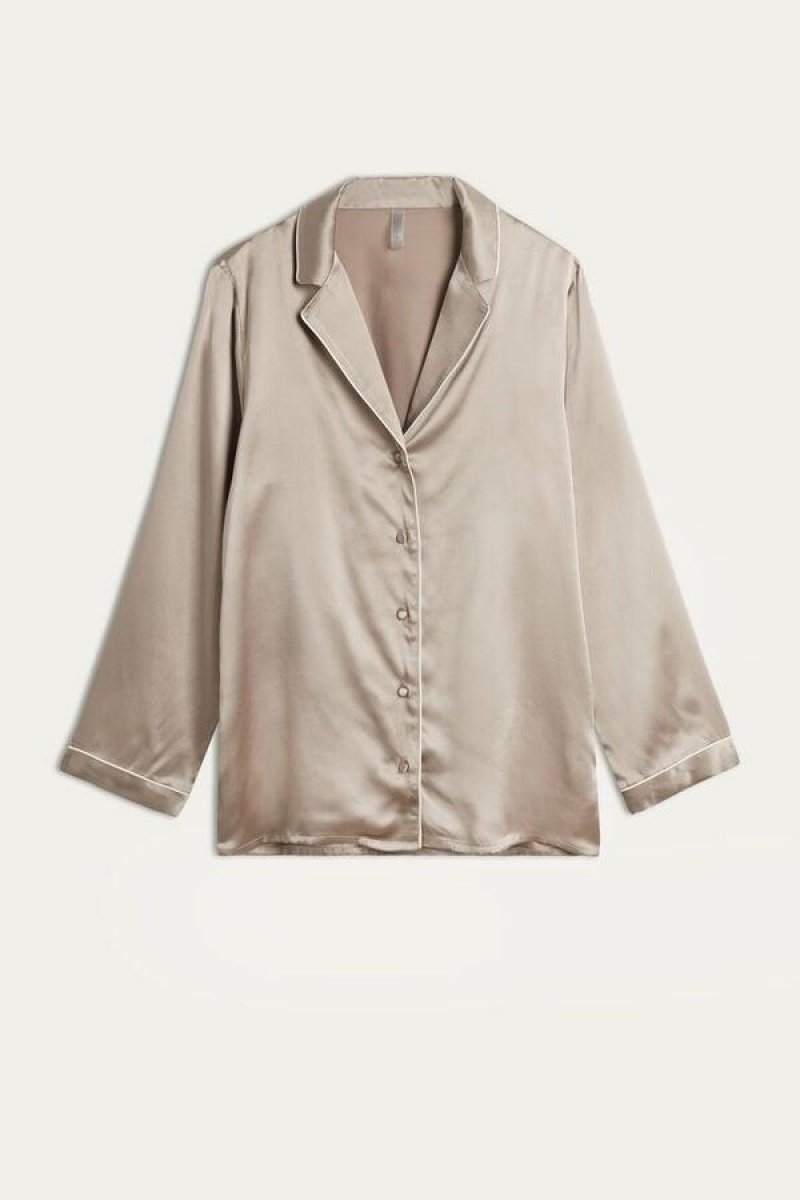 Intimissimi Mannish-Cut Jacket in Silk Satin Pizsama Női Bézs | HUIS4036