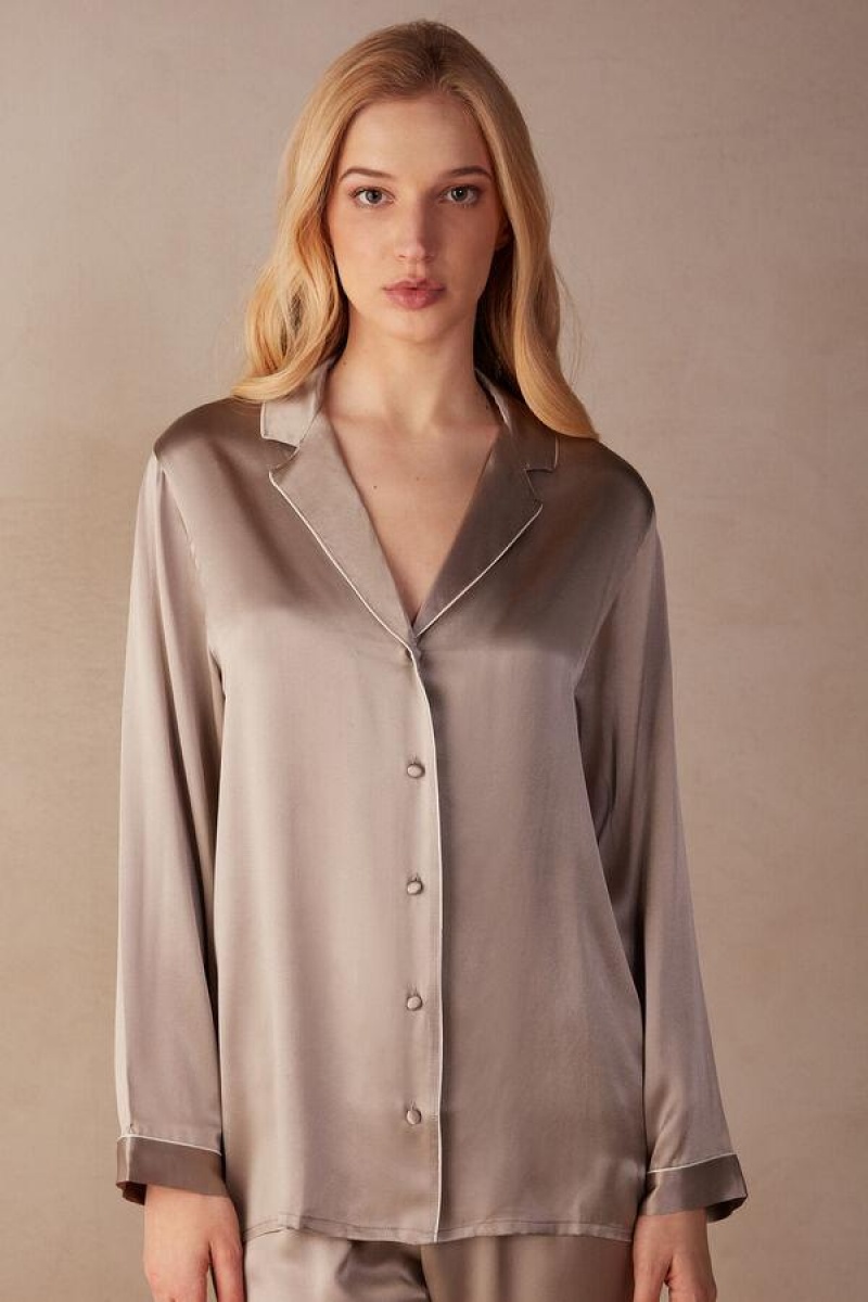 Intimissimi Mannish-Cut Jacket in Silk Satin Pizsama Női Bézs | HUIS4036