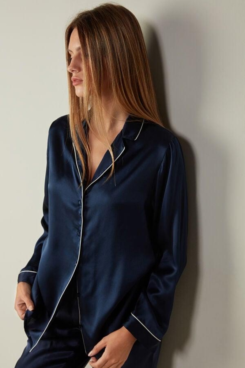 Intimissimi Mannish-Cut Jacket in Silk Satin Pizsama Női Kék | HUSO4032