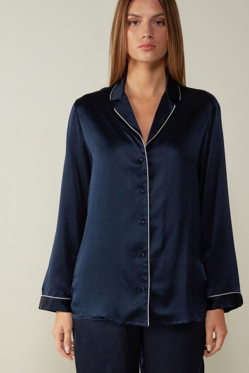 Intimissimi Mannish-Cut Jacket in Silk Satin Pizsama Női Kék | HUSO4032