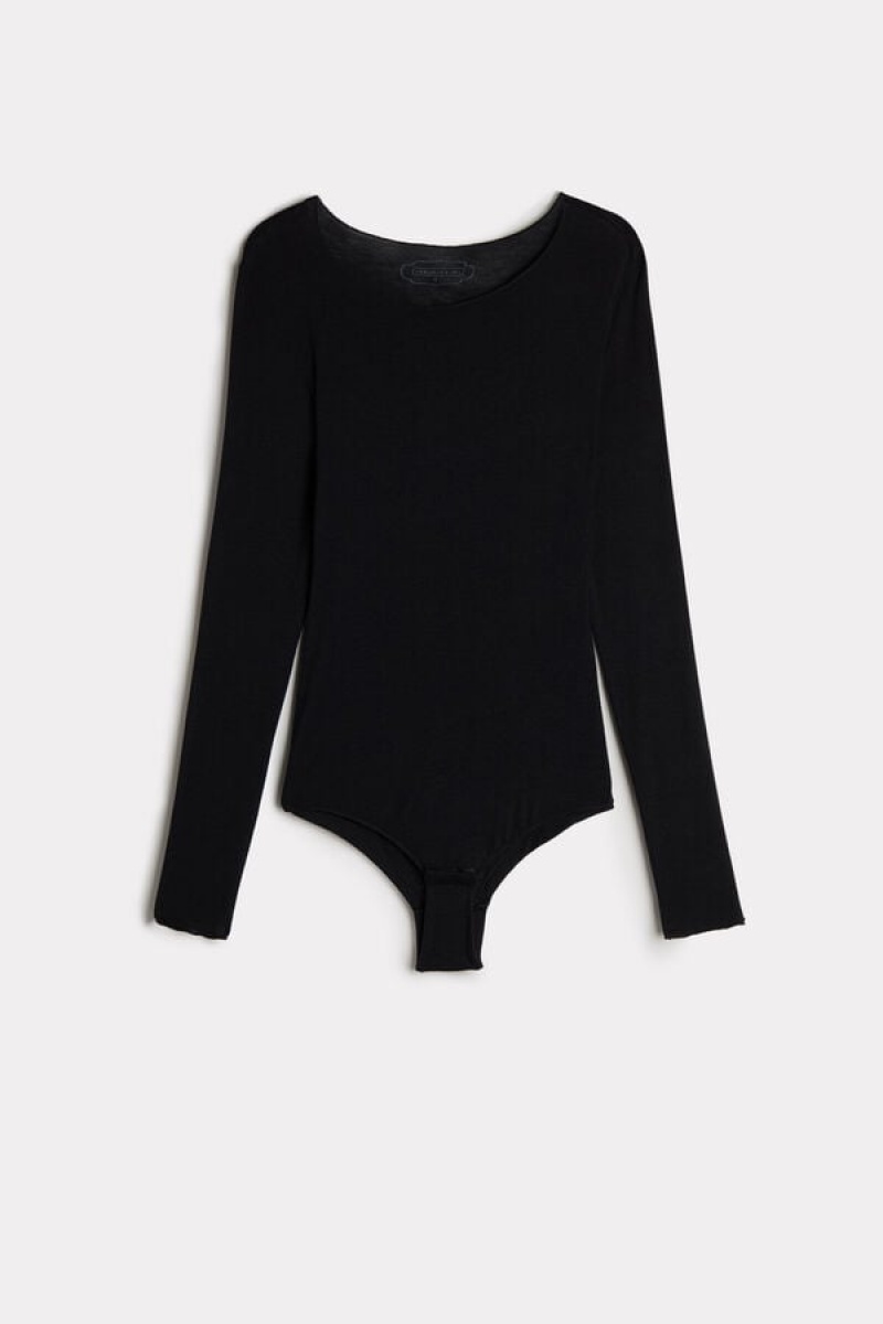 Intimissimi Modal and Cashmere Long-Sleeve Body Női Fekete | HUDN4413