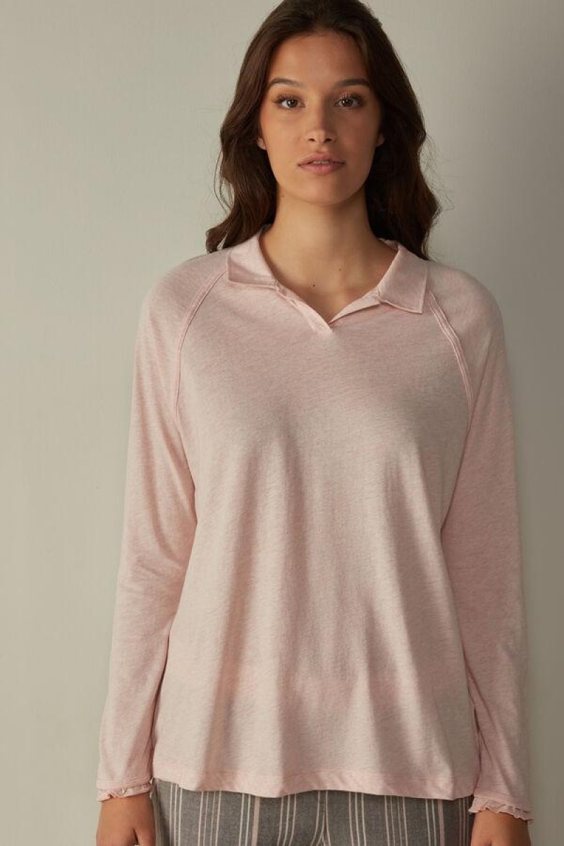 Intimissimi Pamut Rouches Long Sleeve Polo Pizsama Női Rózsaszín | HUGL3873