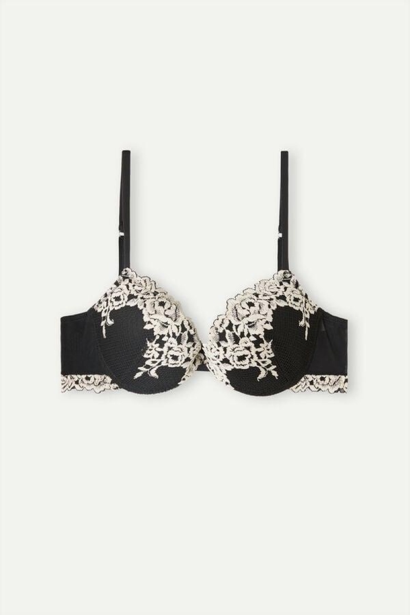 Intimissimi Pretty Flowers Bellissima Push-up Melltartók Női Fekete Fehér | HUPQ4762