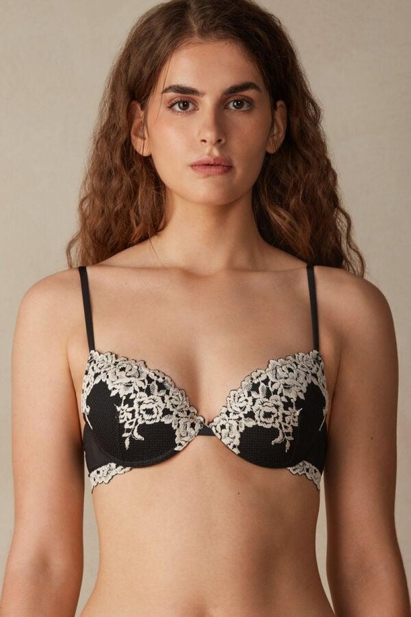 Intimissimi Pretty Flowers Bellissima Push-up Melltartók Női Fekete Fehér | HUPQ4762