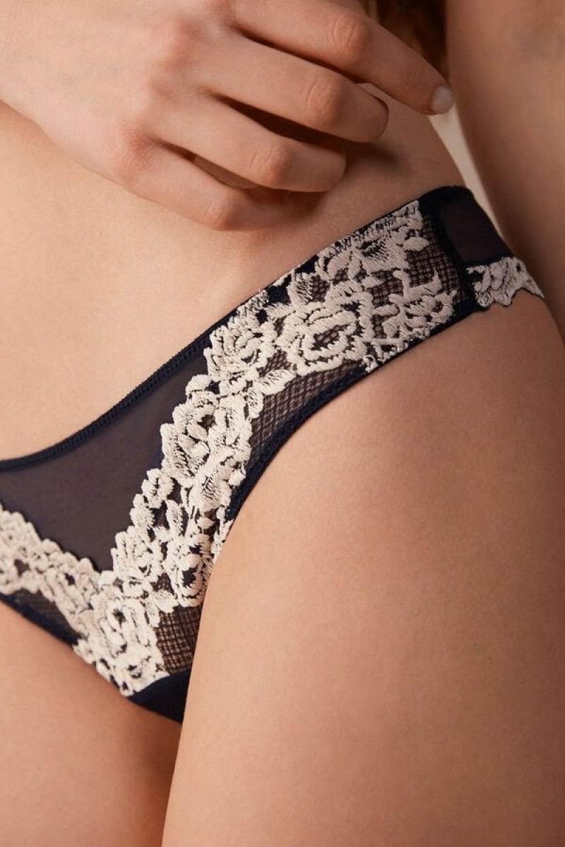 Intimissimi Pretty Flowers Brazilian Bugyi Női Mélykék Világos Sárga | HULH3504