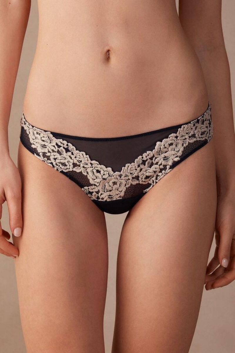 Intimissimi Pretty Flowers Brazilian Bugyi Női Mélykék Világos Sárga | HULH3504