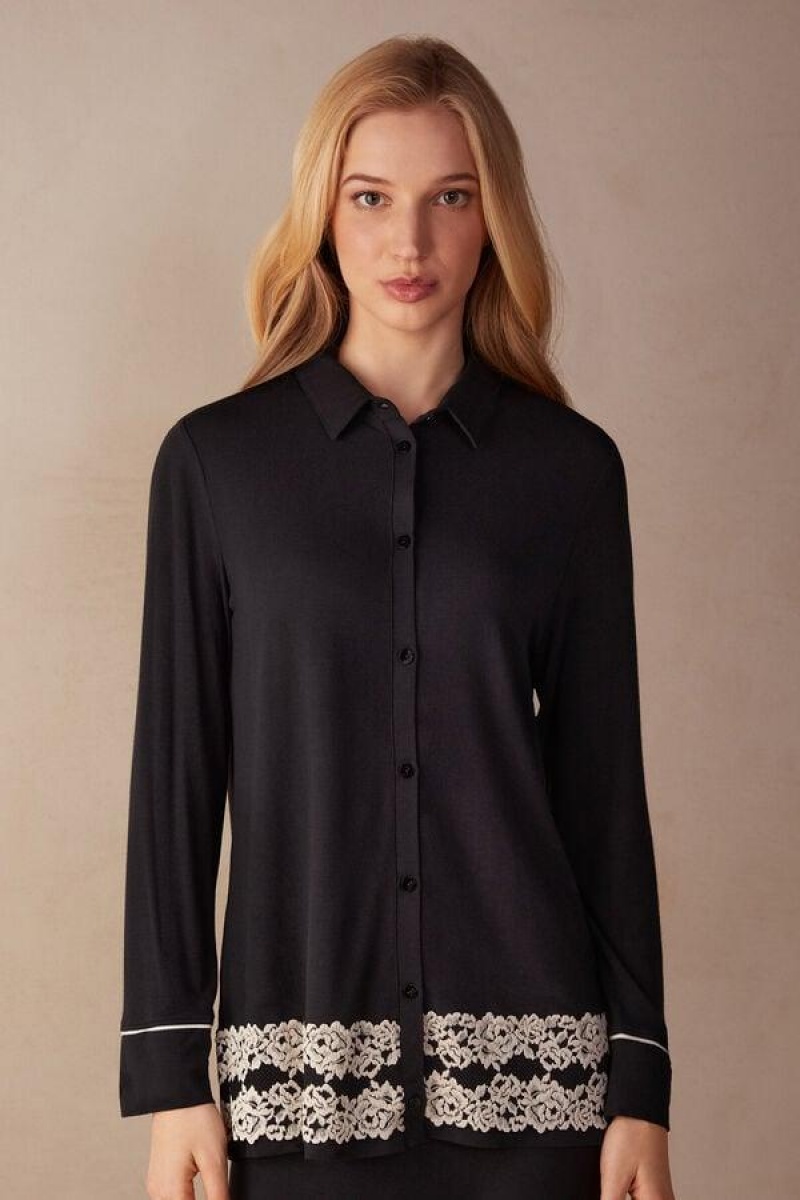 Intimissimi Pretty Flowers Button Up Shirt in Modal Pizsama Női Fekete Fehér | HUJJ3870