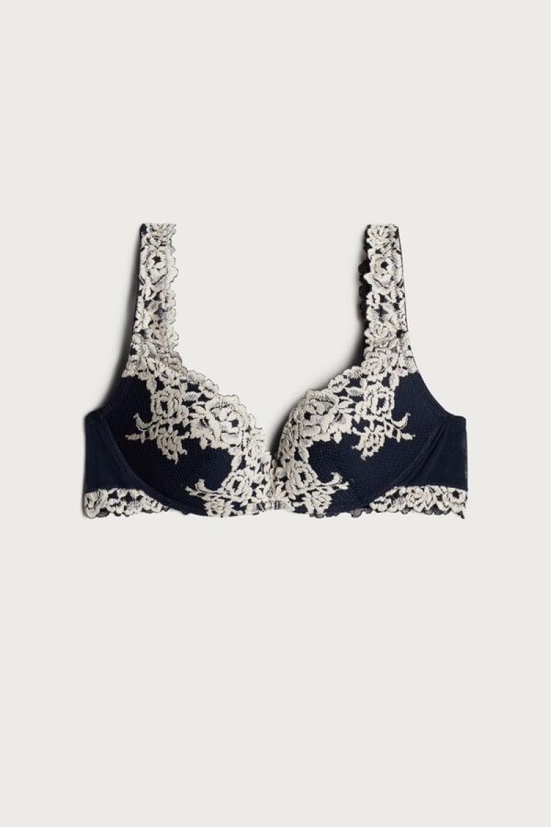 Intimissimi Pretty Flowers Gioia Super Push-up Melltartók Női Mélykék Világos Sárga | HUFM4731