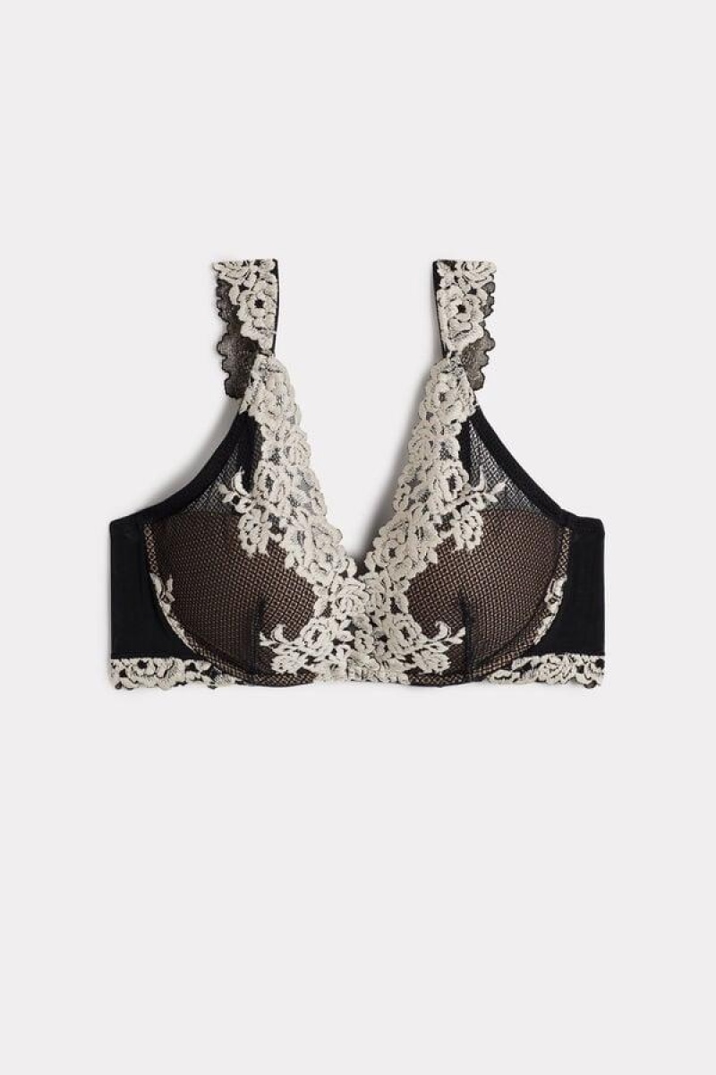 Intimissimi Pretty Flowers Giorgia Balconette Melltartók Női Fekete Fehér | HUGL4418