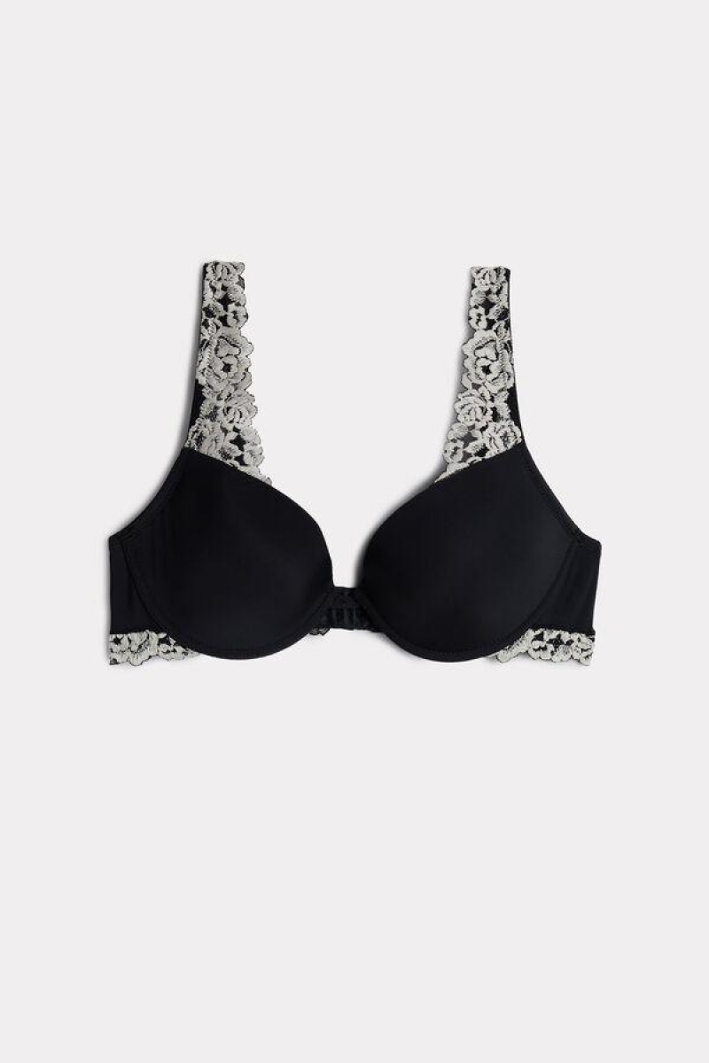 Intimissimi Pretty Flowers Microfiber Bellissima Push-up Melltartók Női Fekete Fehér | HUEX4717