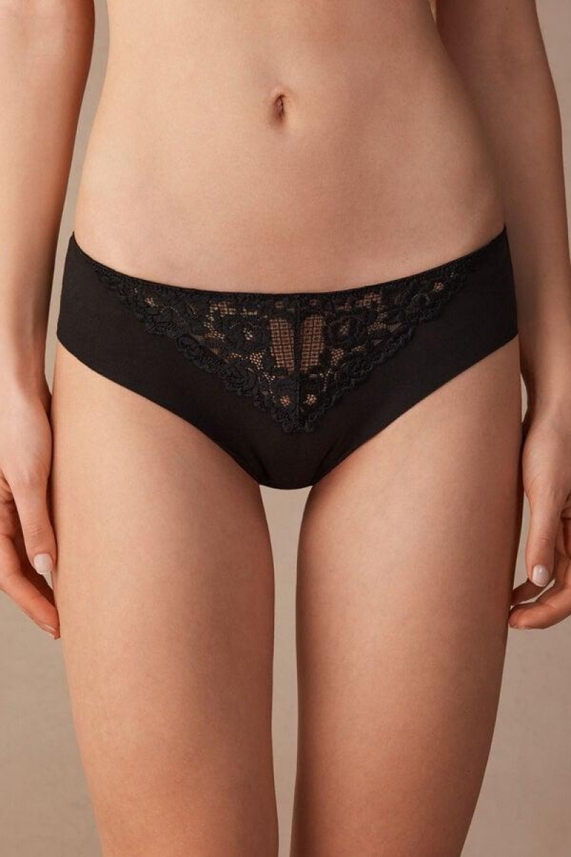 Intimissimi Pretty Flowers Seamless Pamut Bugyi Női Fekete | HUQZ3652