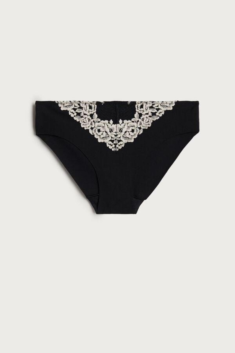 Intimissimi Pretty Flowers Seamless Pamut Bugyi Női Fekete Fehér | HUAP3642