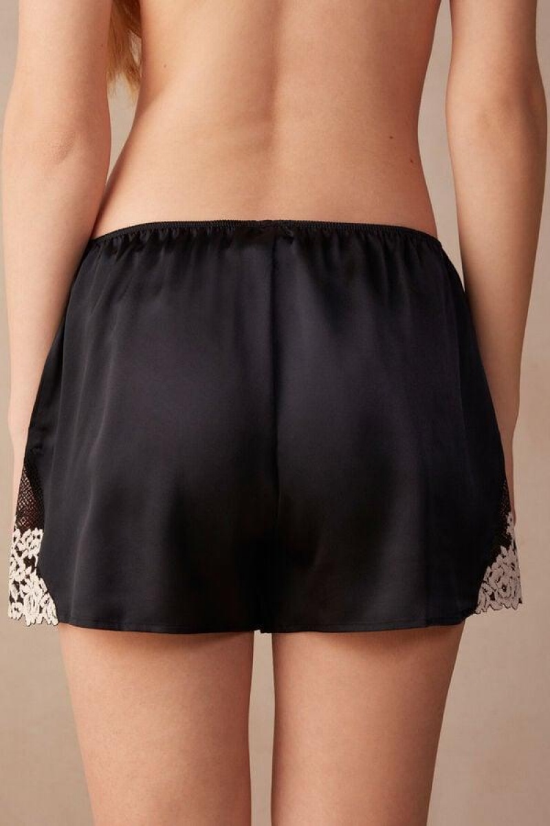 Intimissimi Pretty Flowers Silk Shorts Pizsama Női Fekete Fehér | HUPQ4059