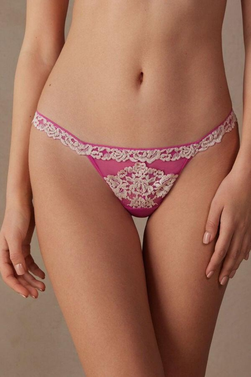 Intimissimi Pretty Flowers String Tanga Bugyi Női Rózsaszín Fehér | HUNB3810