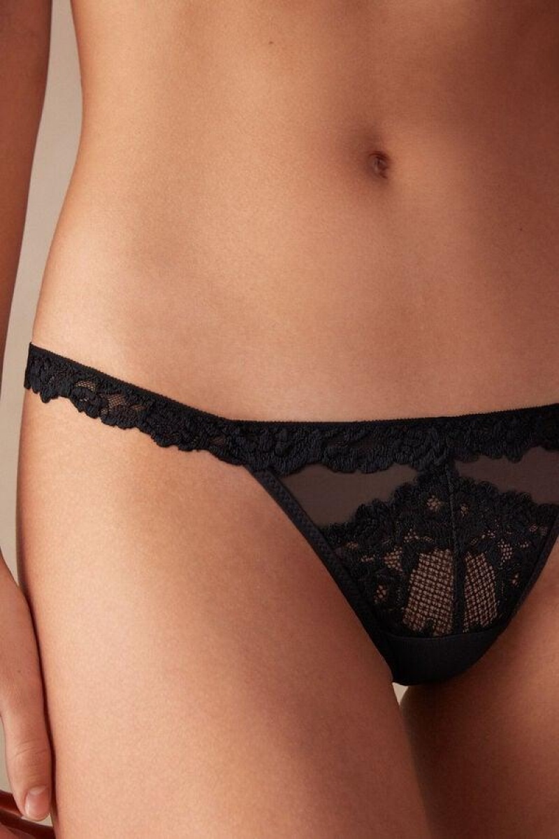 Intimissimi Pretty Flowers String Tanga Bugyi Női Fekete | HUDN3771