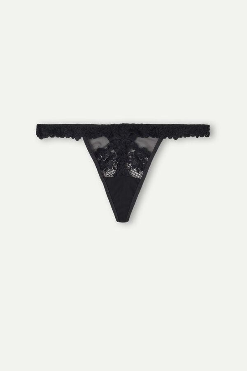 Intimissimi Pretty Flowers String Tanga Bugyi Női Fekete | HUDN3771