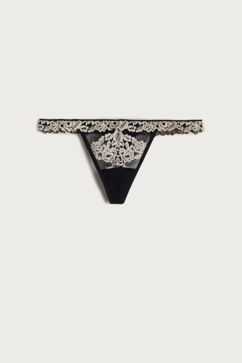 Intimissimi Pretty Flowers String Tanga Bugyi Női Fekete Fehér | HUVD3760