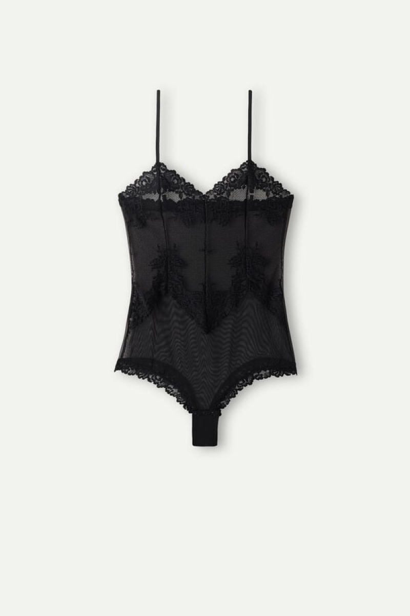 Intimissimi Pretty Flowers Tulle and Csipke Body Női Fekete | HUAP4189