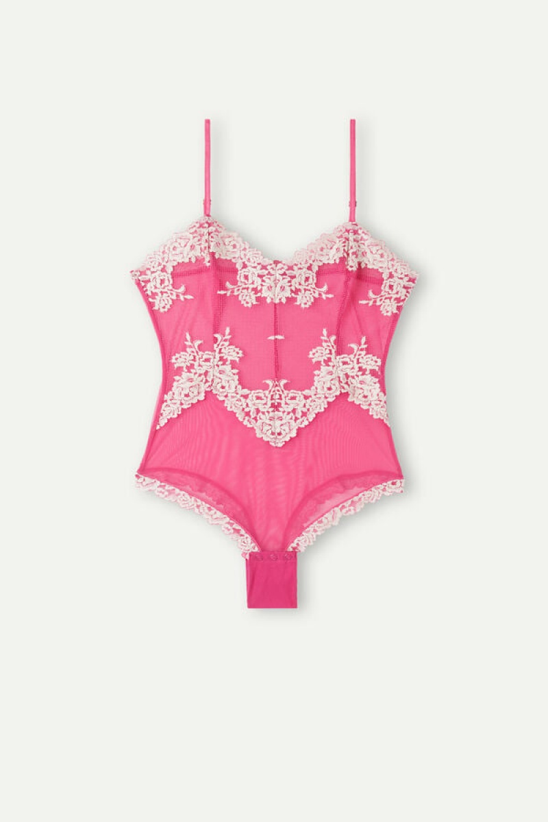 Intimissimi Pretty Flowers Tulle and Csipke Body Női Rózsaszín Fehér | HUCE4177