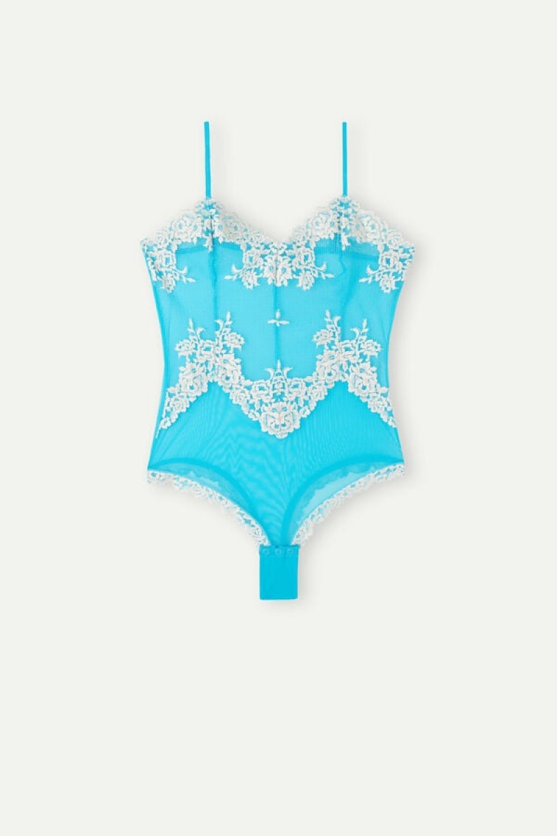 Intimissimi Pretty Flowers Tulle and Csipke Body Női Türkiz Fehér | HUBC4175