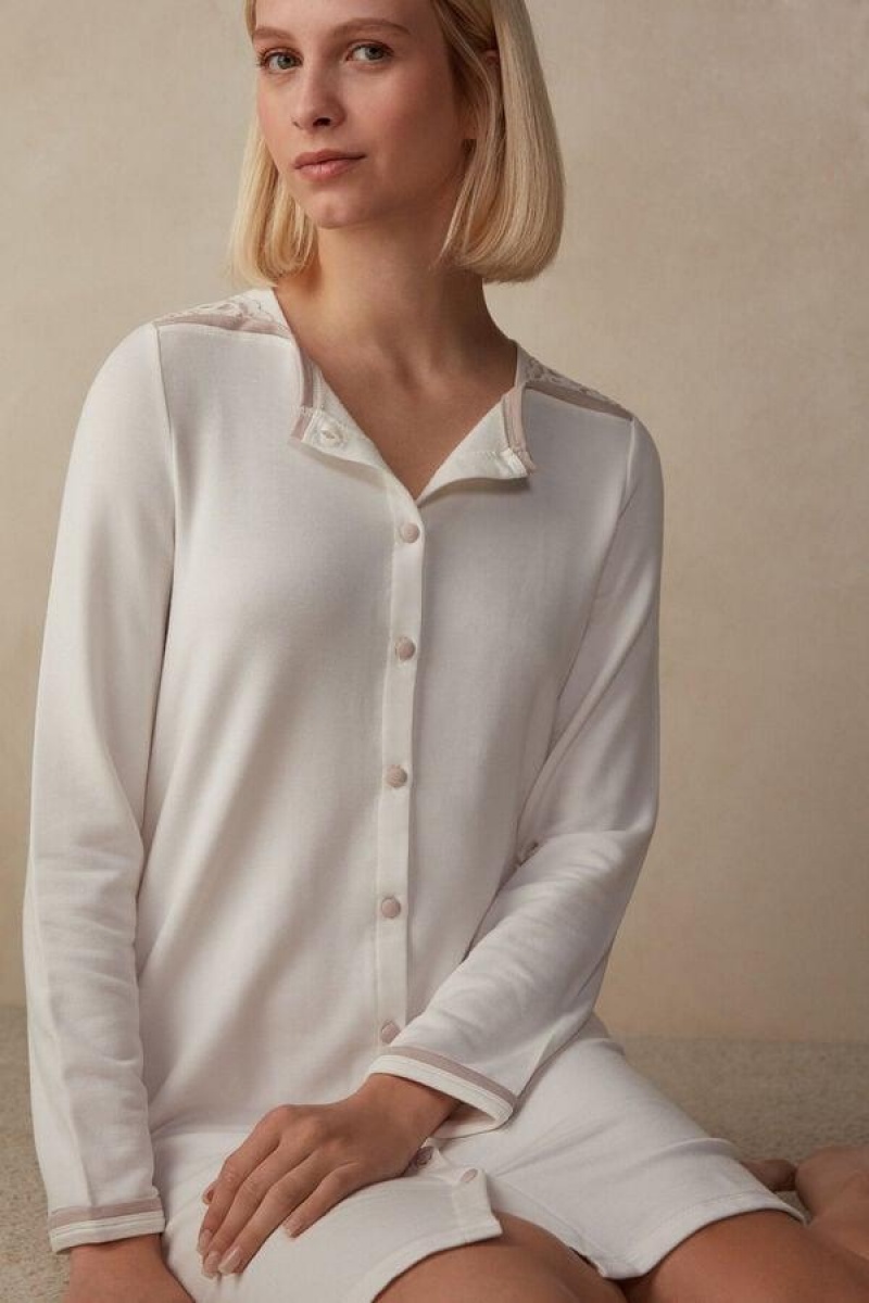 Intimissimi Romantic Bedroom Button Up Night Shirt in Modal with Gyapjú Pizsama Női Fehér Rózsaszín | HUQZ3835