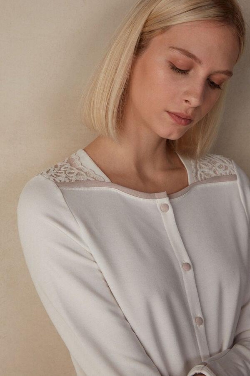 Intimissimi Romantic Bedroom Button Up Night Shirt in Modal with Gyapjú Pizsama Női Fehér Rózsaszín | HUQZ3835