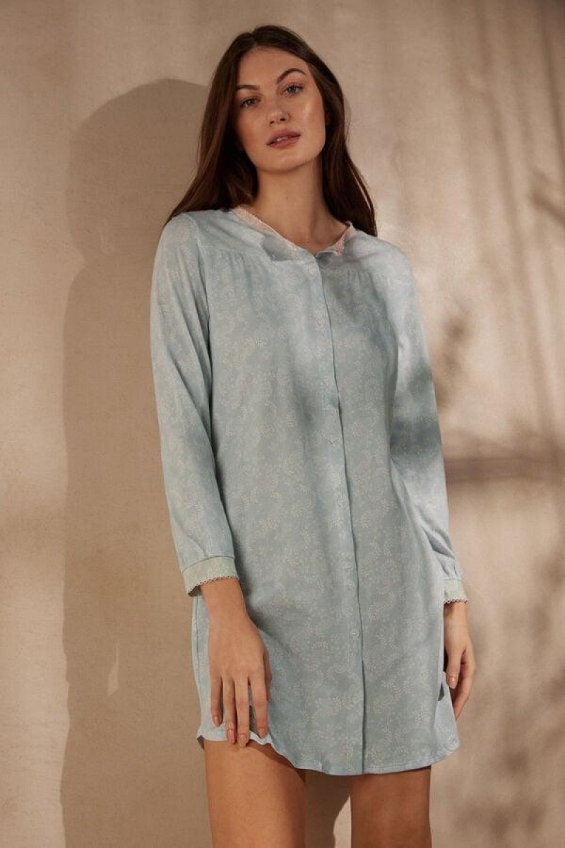 Intimissimi Romantic Cashmere Button Up Night Shirt Pizsama Női Világos Kék | HUDN3841