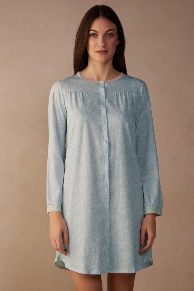 Intimissimi Romantic Cashmere Button Up Night Shirt Pizsama Női Világos Kék | HUDN3841