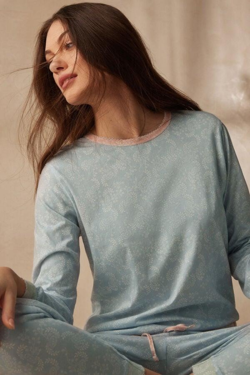 Intimissimi Romantic Cashmere Long Sleeve Pamut Top Pizsama Női Világos Kék | HUFM3926