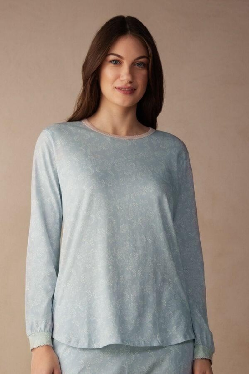 Intimissimi Romantic Cashmere Long Sleeve Pamut Top Pizsama Női Világos Kék | HUFM3926