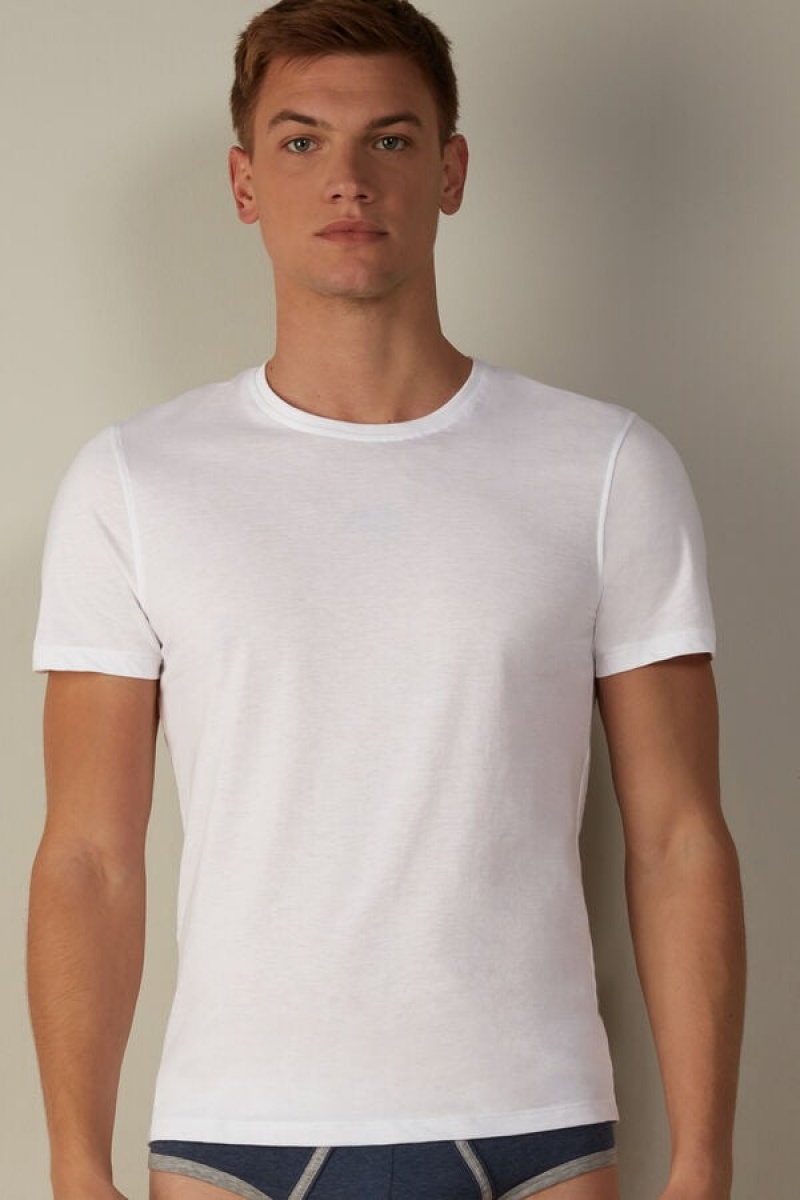 Intimissimi Rövid-Sleeve Crew-Neck T-Shirt in Extra-Fine Supima® Pamut Pizsama Férfi Fehér | HUAP3169