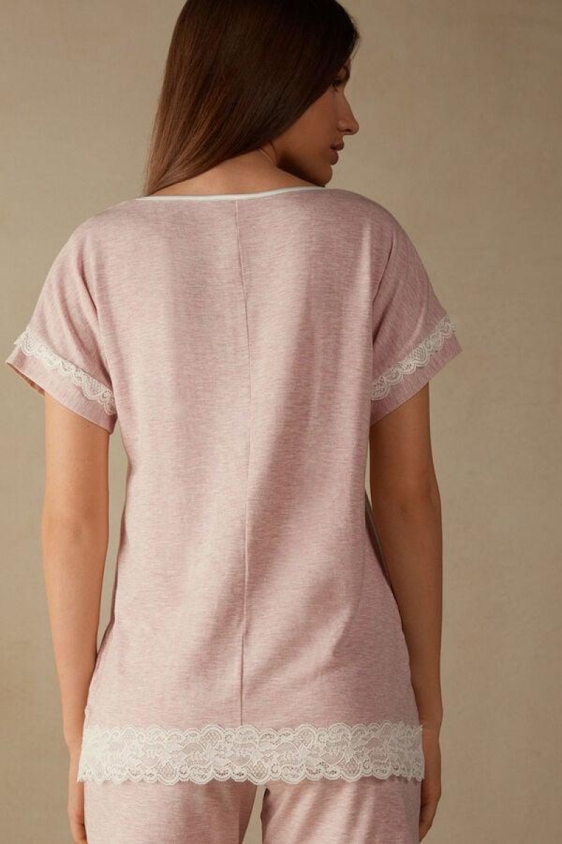 Intimissimi Rövid-Sleeve Modal Top with Csipke Detail Pizsama Női Világos Rózsaszín | HUEX3937