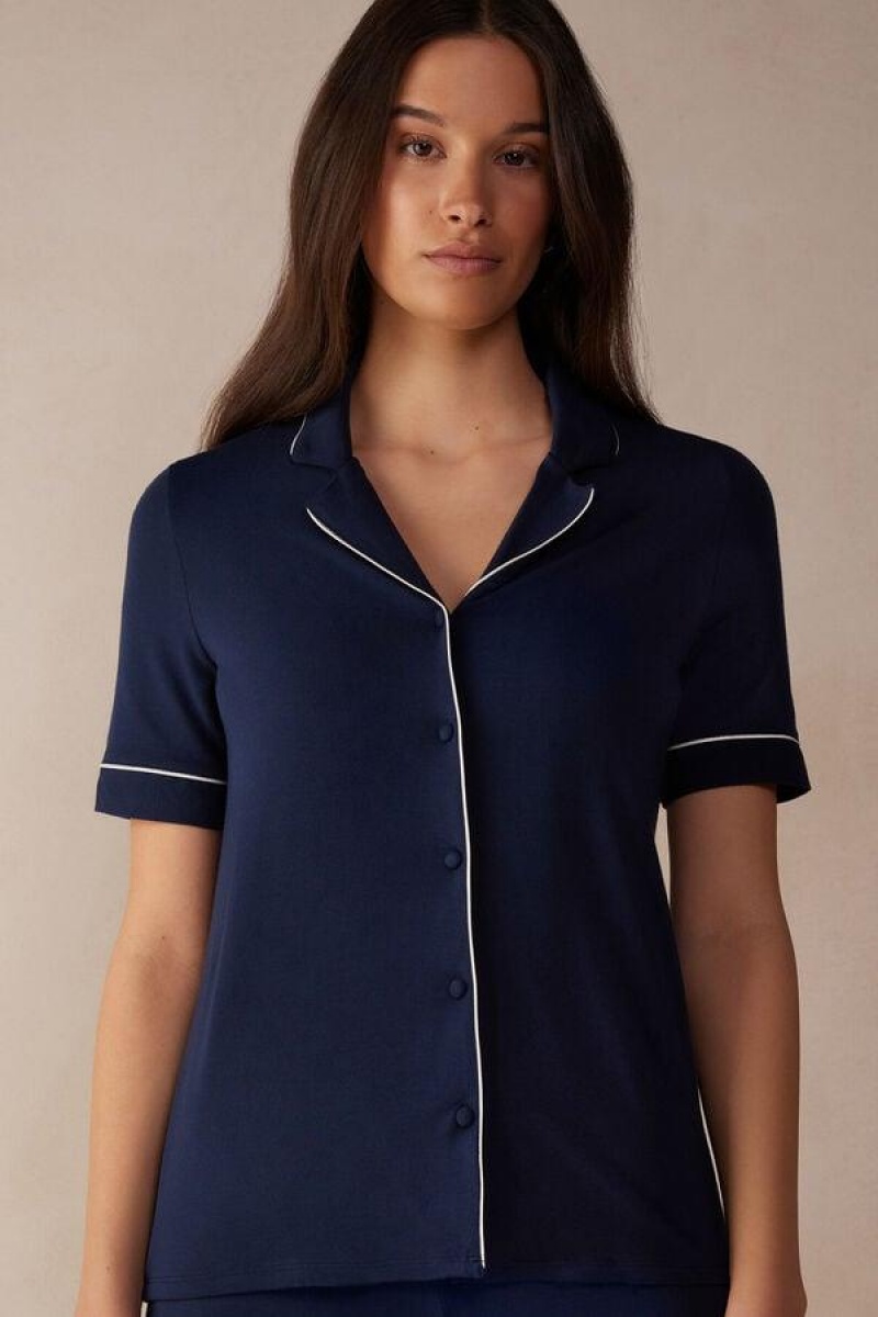 Intimissimi Rövid Sleeve Button Up Shirt in Modal Pizsama Női Kék | HUEX3962