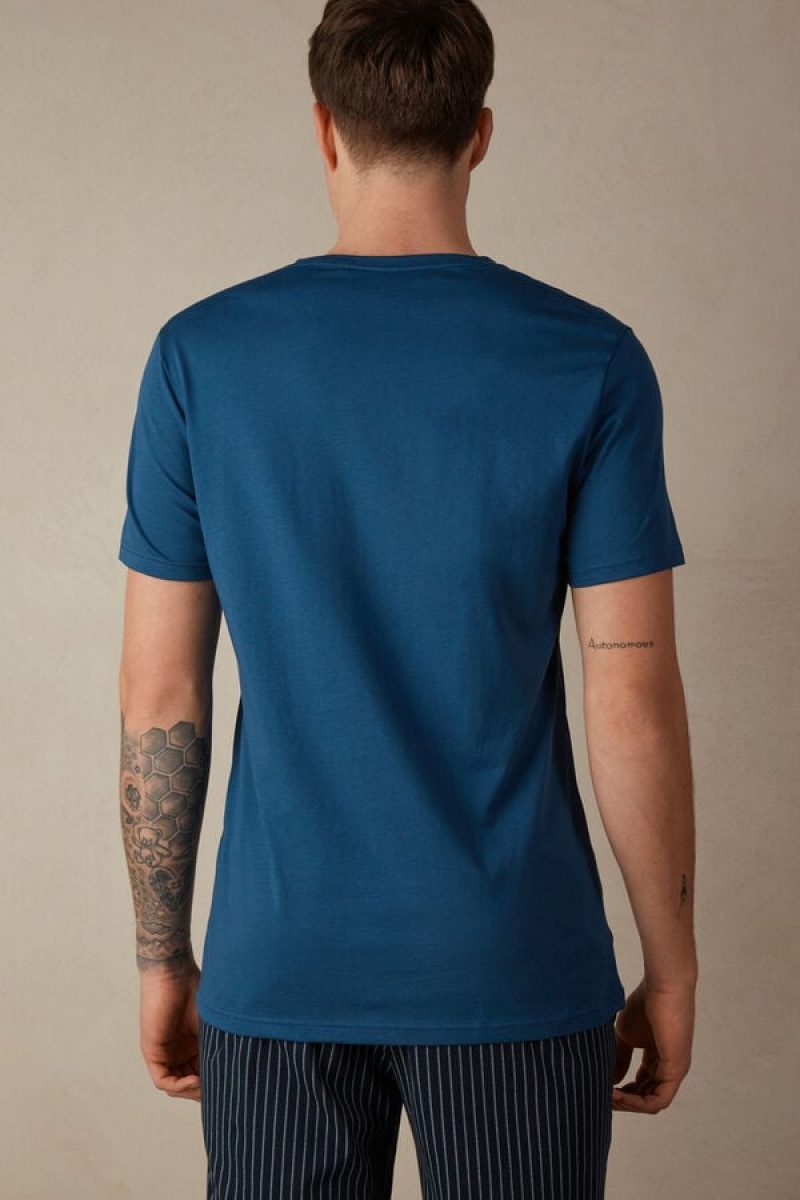 Intimissimi Rövid Sleeve Crew Neck T Shirt in Supima® Pamut Pizsama Férfi Fehér Kék | HUYU3148