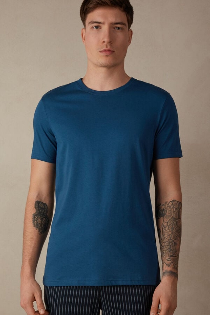 Intimissimi Rövid Sleeve Crew Neck T Shirt in Supima® Pamut Pizsama Férfi Fehér Kék | HUYU3148