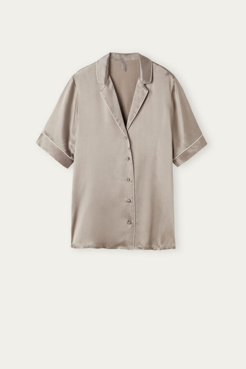 Intimissimi Rövid Sleeve Silk Shirt with Contrast Trim Pizsama Női Bézs | HUIS3932