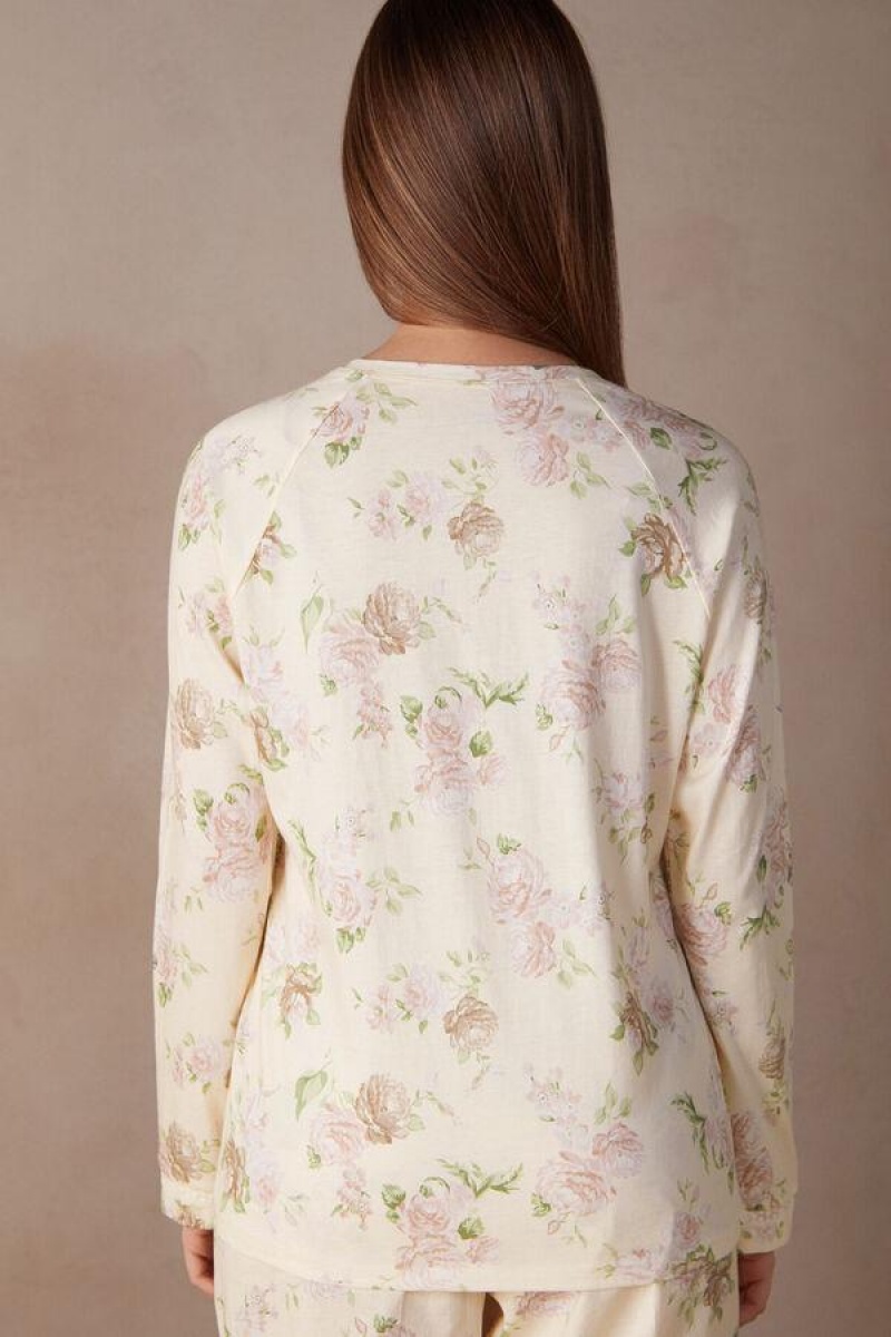 Intimissimi Scent of Roses Long Sleeve Pamut T-shirt Pizsama Női Színes Fehér | HUHK3923