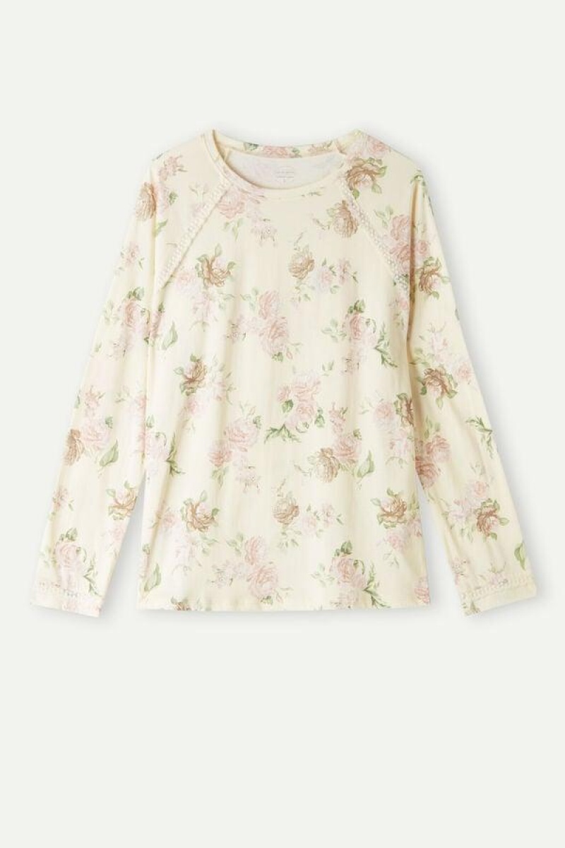 Intimissimi Scent of Roses Long Sleeve Pamut T-shirt Pizsama Női Színes Fehér | HUHK3923