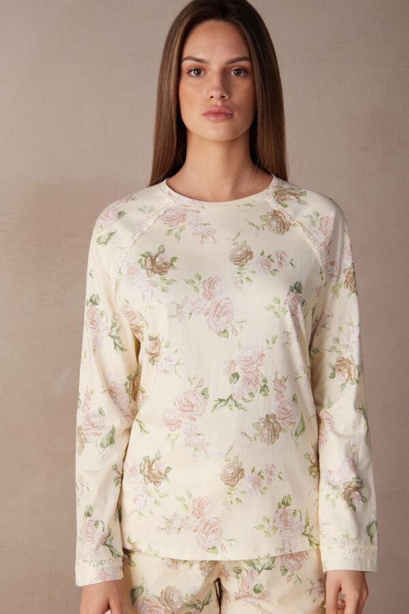 Intimissimi Scent of Roses Long Sleeve Pamut T-shirt Pizsama Női Színes Fehér | HUHK3923