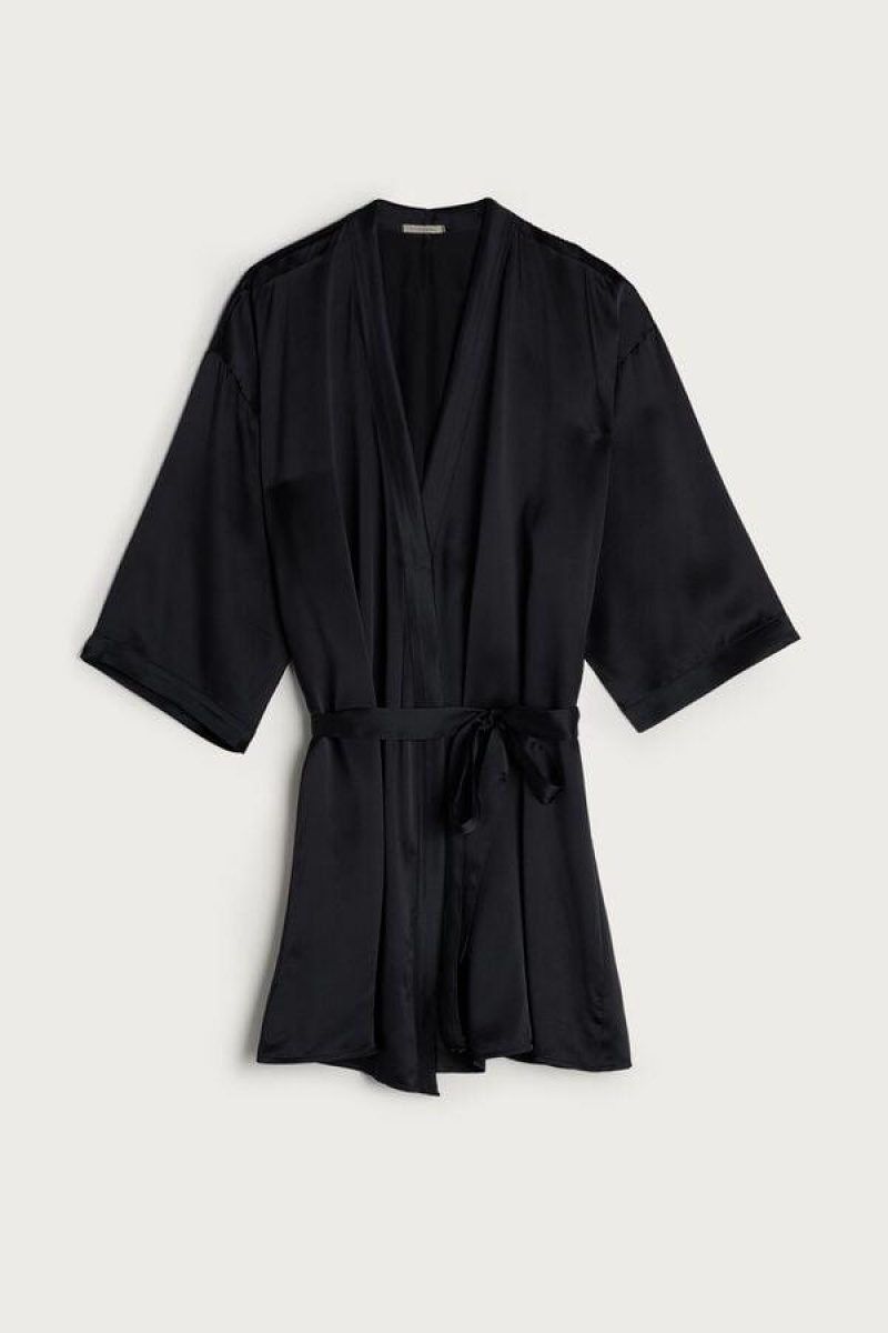 Intimissimi Silk Kimono Pizsama Női Fekete | HUPQ3844