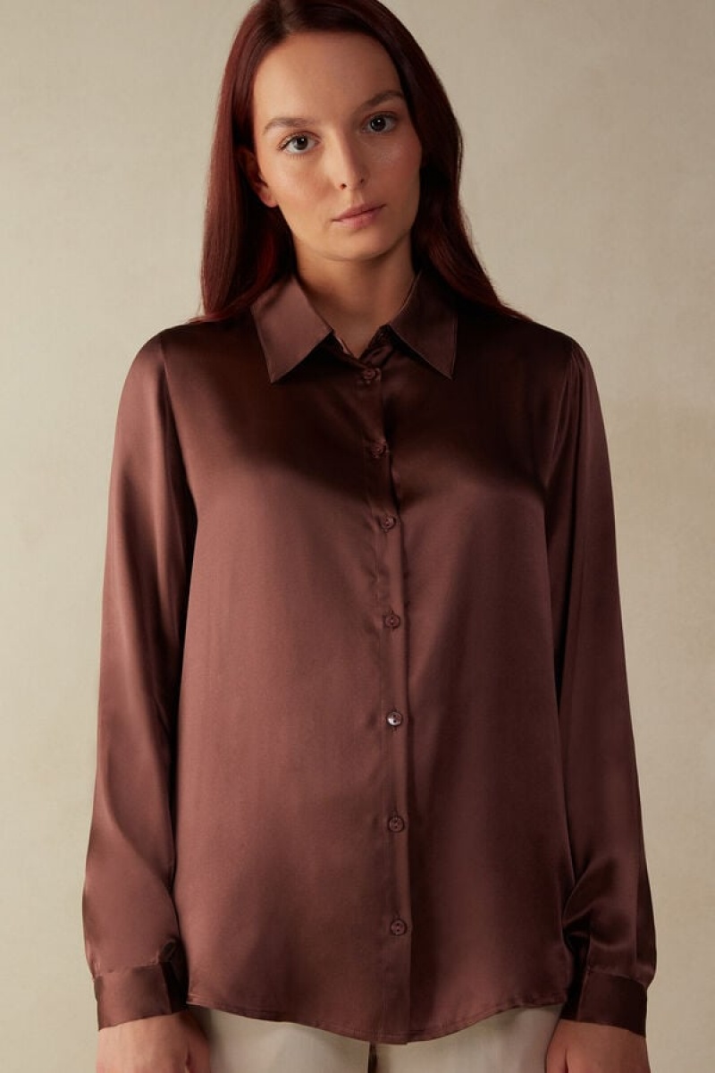 Intimissimi Silk Shirt Hosszú Ujjú Női Barna | HUFM4238