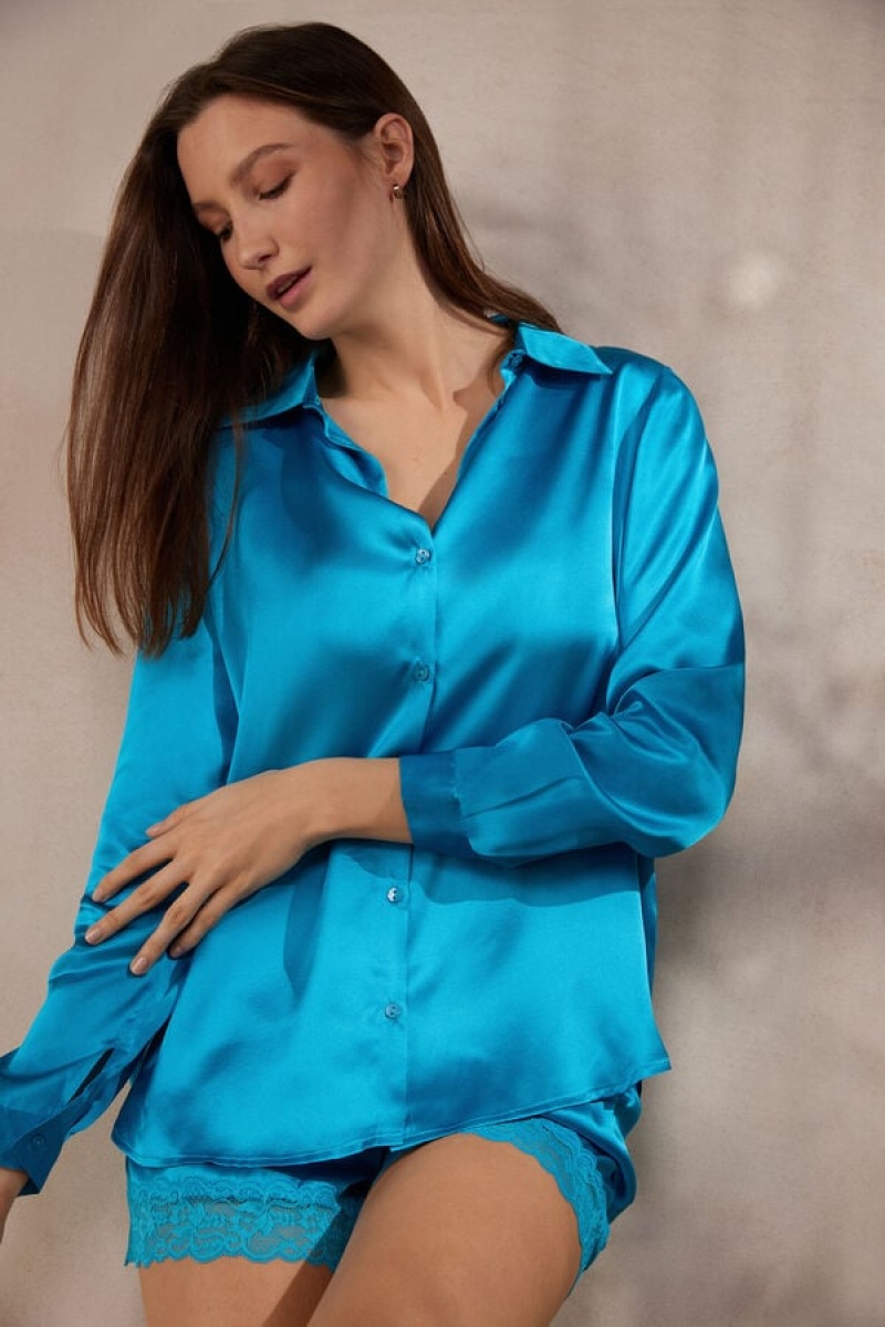 Intimissimi Silk Shirt Hosszú Ujjú Női Türkiz | HUWY4223