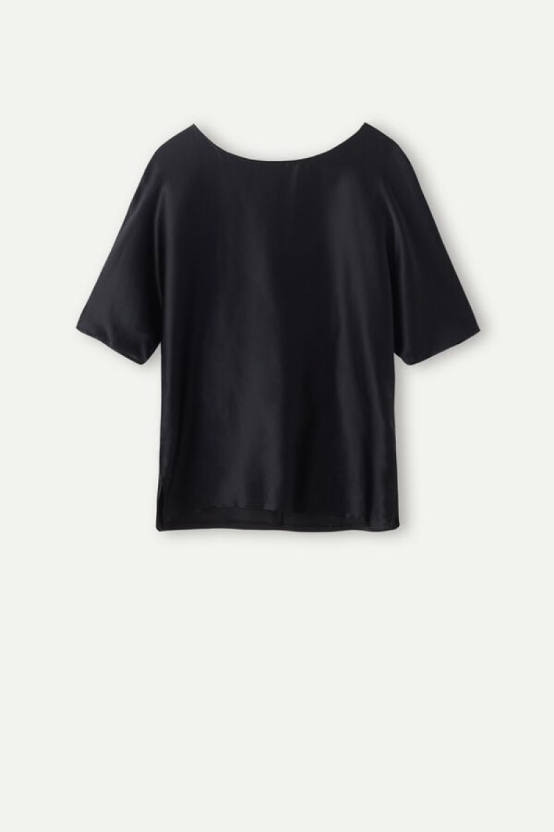 Intimissimi Silk and Modal Top Short Sleeve Női Fekete | HUGL4203